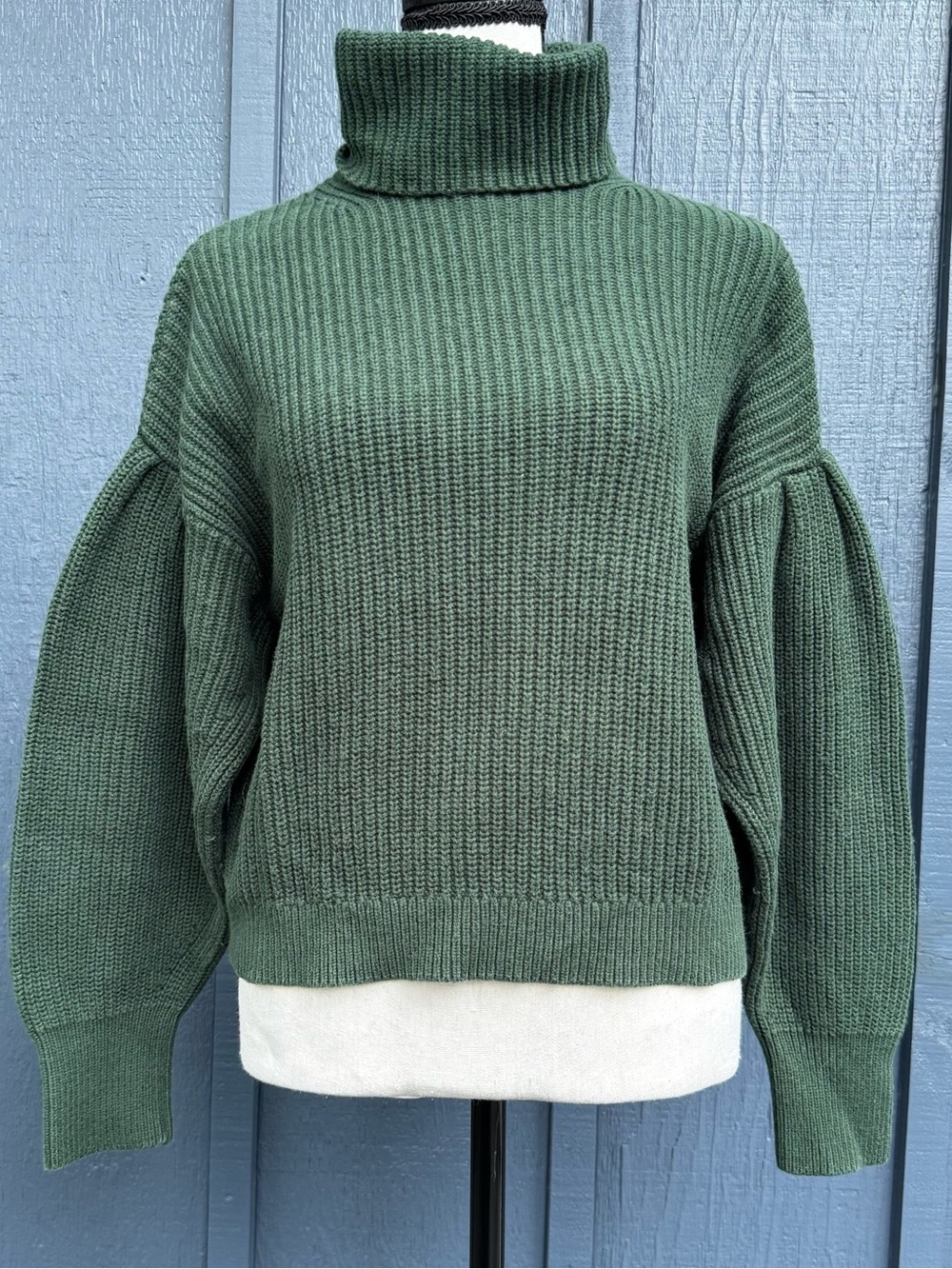 Balloon Sleeve Turtleneck Sweater Cotton Wool Chunky Rib Knit Green S